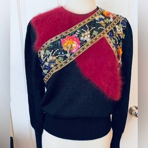 Vtg New ELIZABETH NY Black knit Angora Sequins Beads Dressy Sweater L